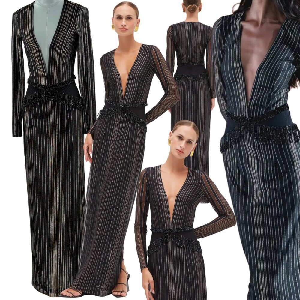 🆕 PATBO 🧿 NWOT Prism Lurex Metallic Thread Beaded Gown, Sz BR 36 US 4